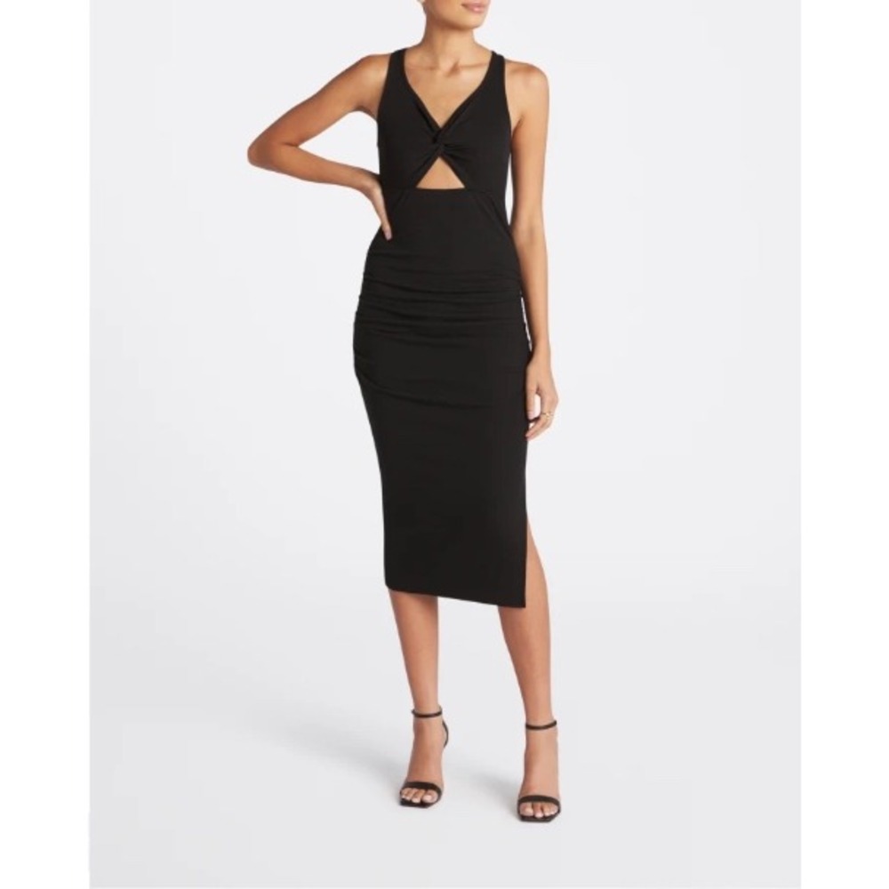 Michael Stars Guilia Twist Front Cutout Ruched Ribbed Midi Dress Women S Black